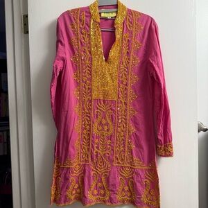 Finch Colorful Cotton Coverup Swim Dress Retro Pink Yellow Tunic Dress Large